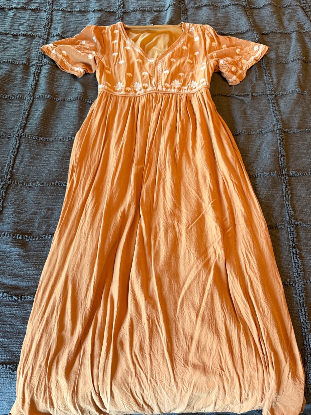Polagram Peach Embroidered V‑Neck Maxi Dress